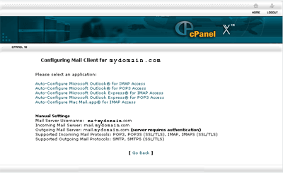 The cPanel configure mail client page